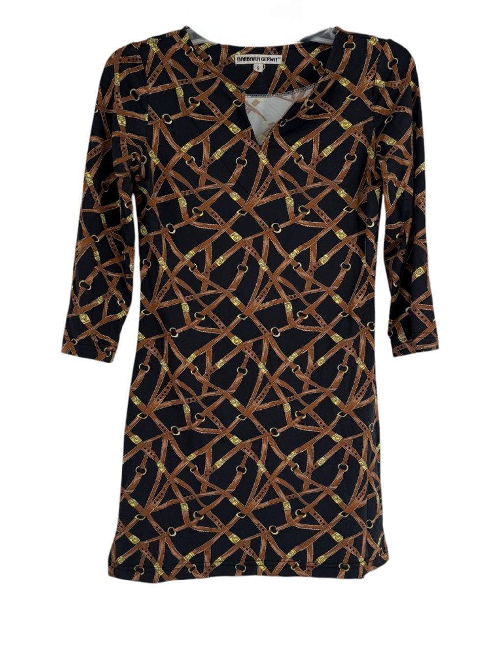 Barbara Gerwit Equestrian Bridle Print Dress Women Size S Black Brown Shift